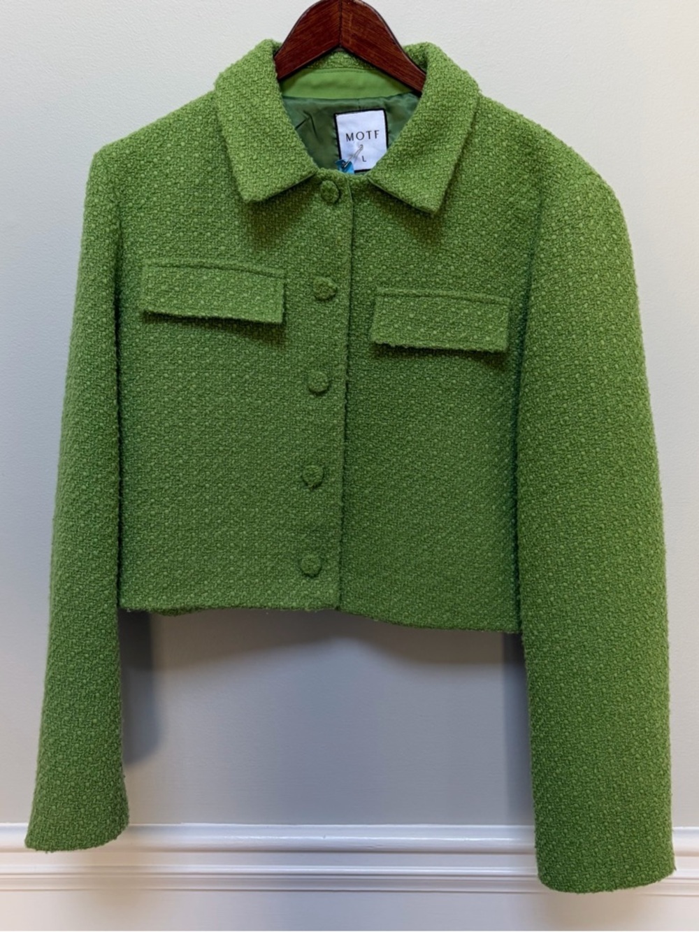 MOTF Cropped Green Bouclé Blazer Jacket Size L - Picture 7 of 10